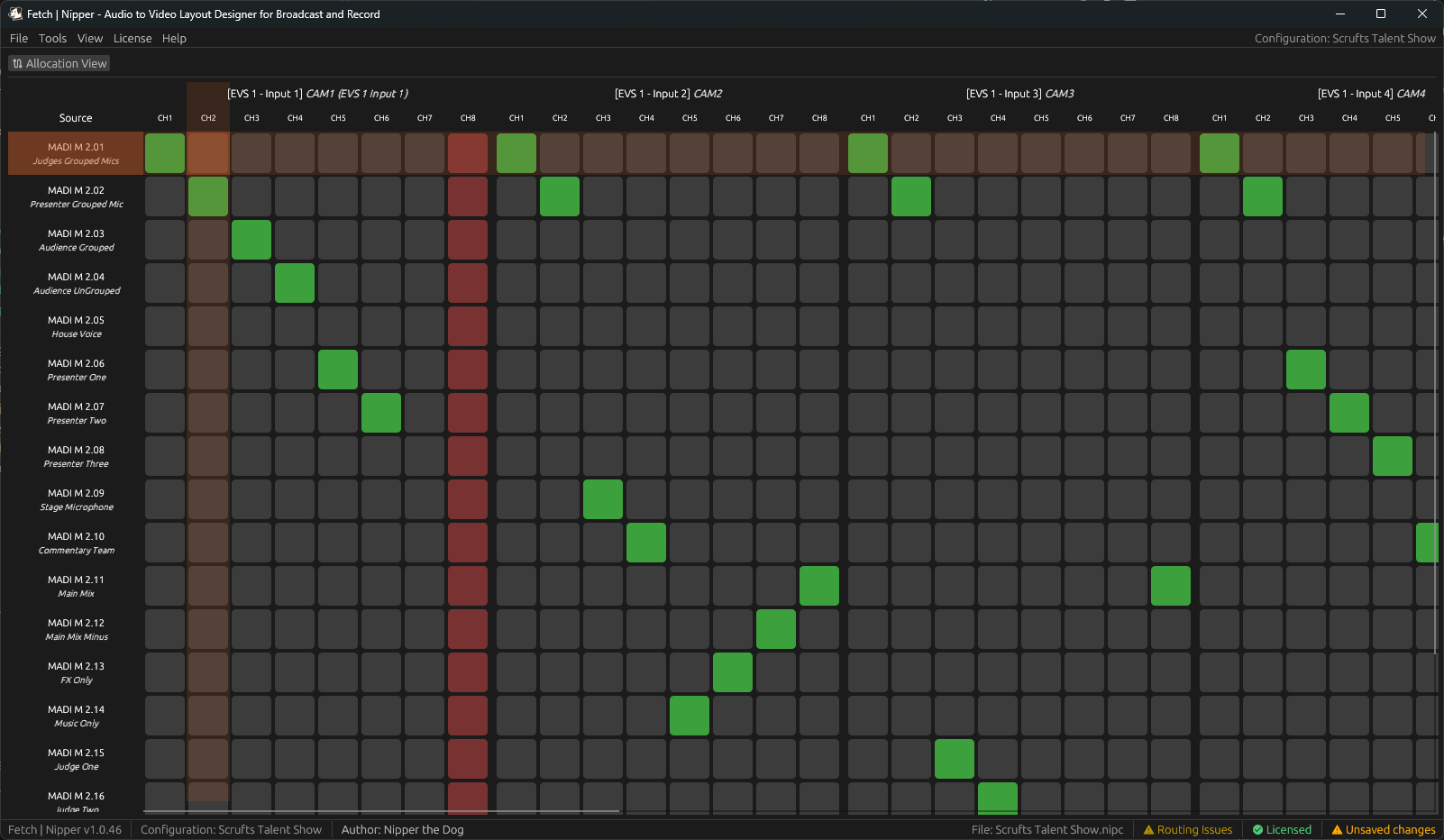 Matrix View window showing grid with audio sources as rows and video destinations as columns, with green cells indicating assignments