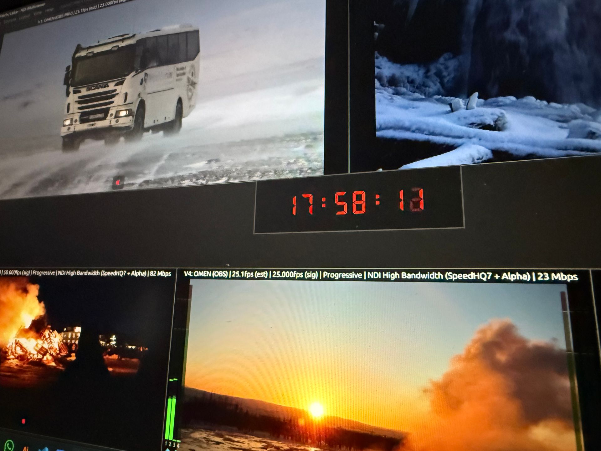 Monitor running Laika multiviewer with truck video feed, waterfall scene, red timecode display reading 17:58:18, and NDI info