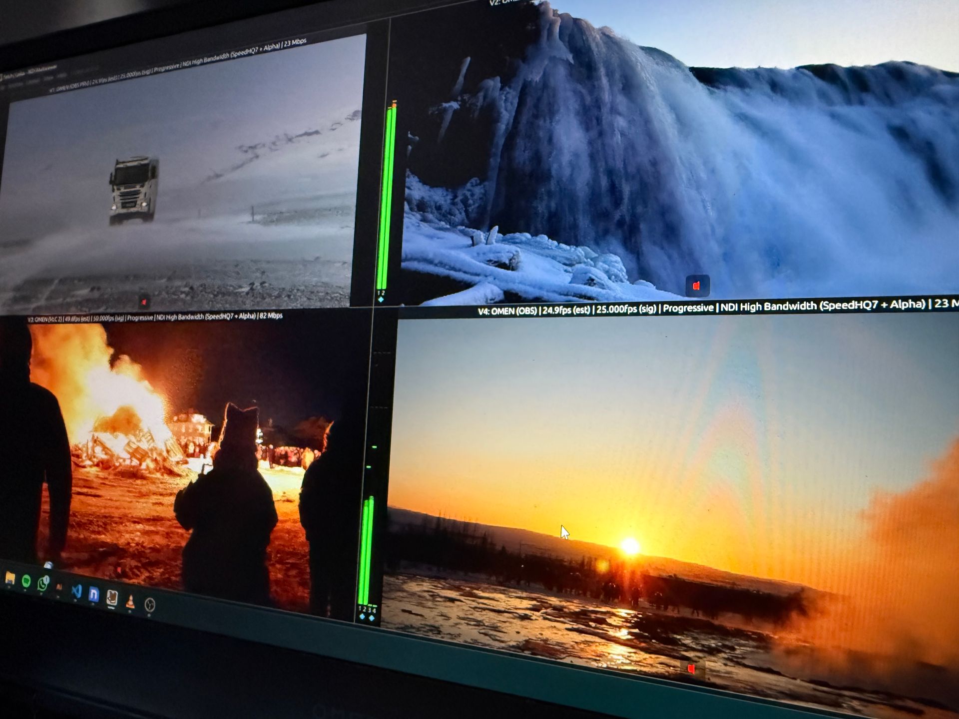 Monitor displaying Laika four-panel multiviewer with waterfall, bonfire silhouettes, sunset, and NDI stream metadata overlay