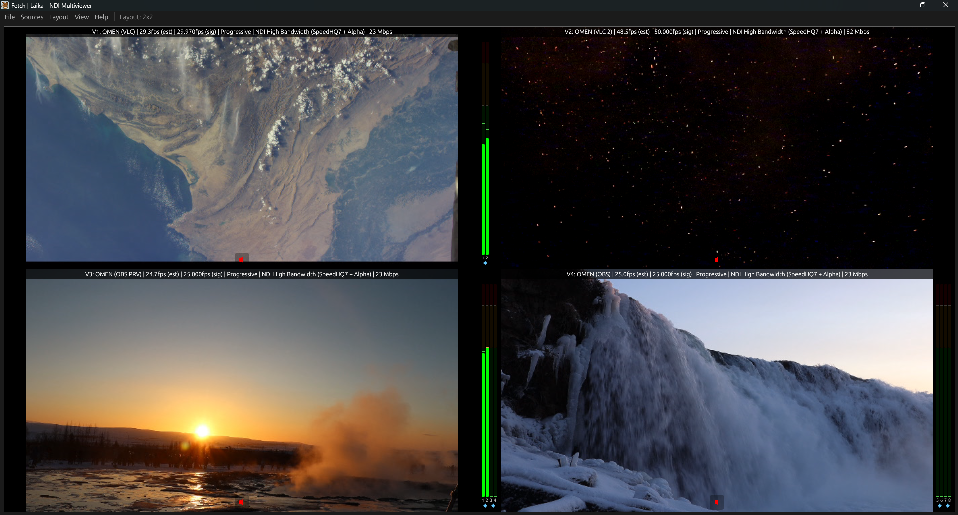 Laika NDI multiviewer showing four panels with aerial glacier, starfield, golden sunset, and icy waterfall with green audio meters