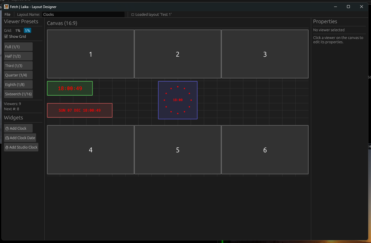 Laika Layout Designer with dark UI, six numbered grid cells on canvas, stream list panel, and properties panel