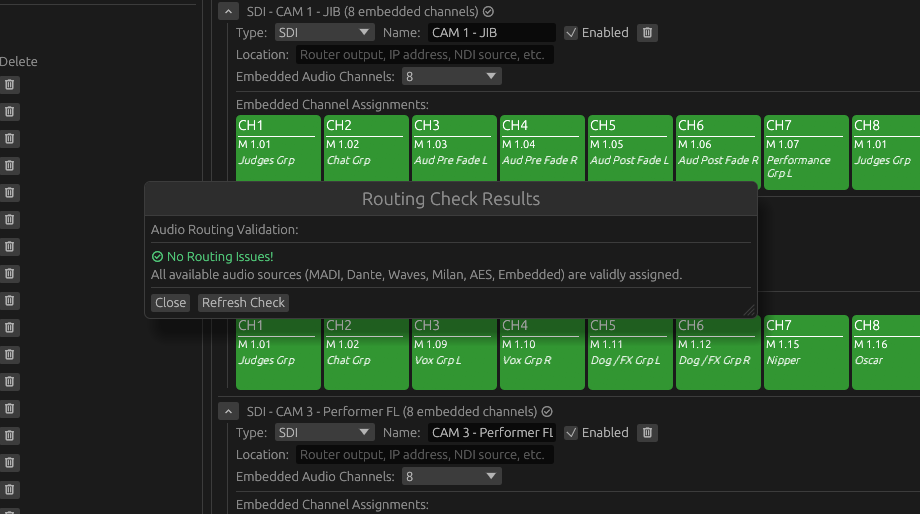 Nipper routing check results overlay with verified audio channel assignments shown as green status blocks