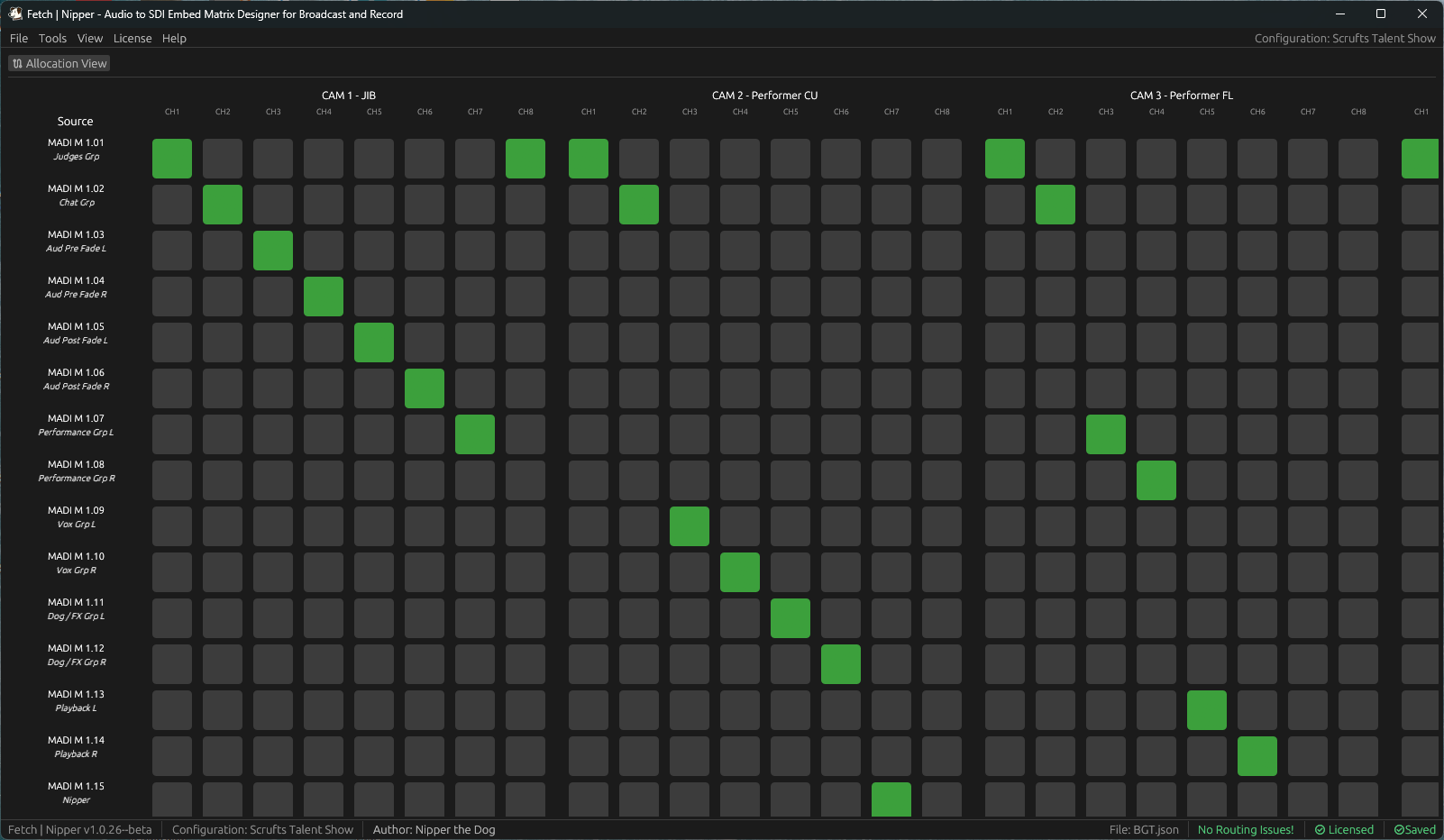 Nipper matrix view with crosspoint grid of MADI audio sources mapped to SDI camera channels via green squares