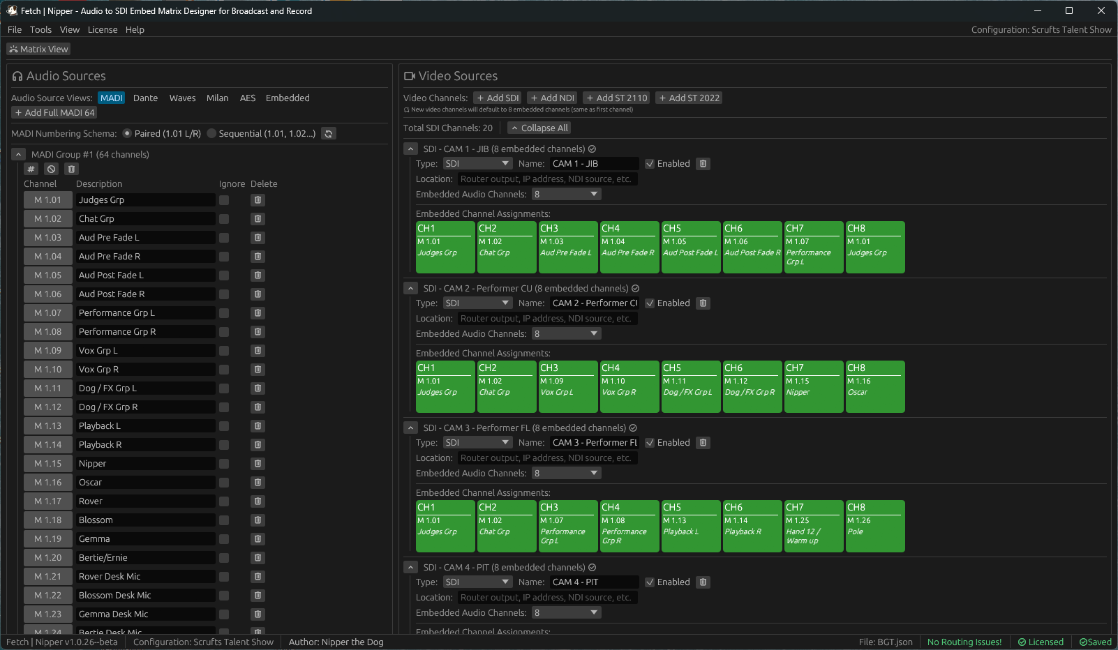 Nipper desktop app with Audio Sources list and SDI camera channel assignments